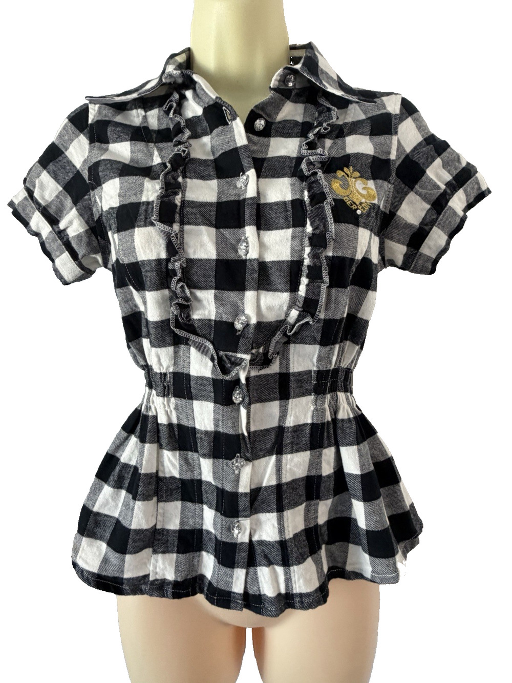 Dereon Black & White Checkered Buffalo Flannel Blouse Woman Size Small Y2K Rare